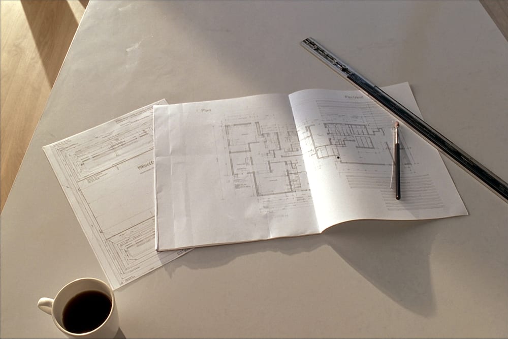 An architectural plan set open on an oak table, a scale rule and pencil resting on the drawings